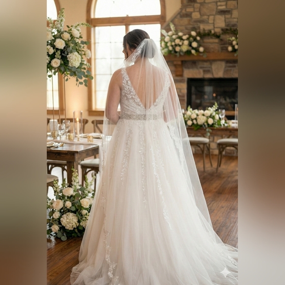 Abaowedding White Wedding Gown Lace Tulle Applique Illusion V Neck NWT - Picture 6 of 12